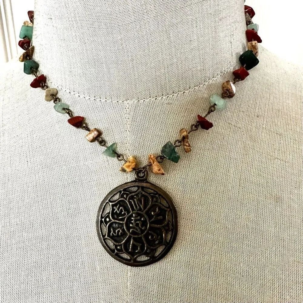 Vintage Gemstone Tibetan Buddhist Sanskrit Bronze Pendant Necklace
